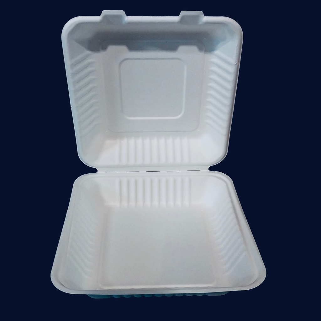 Bagasse clamshell 1-compartment 9"x 9" 200/cs