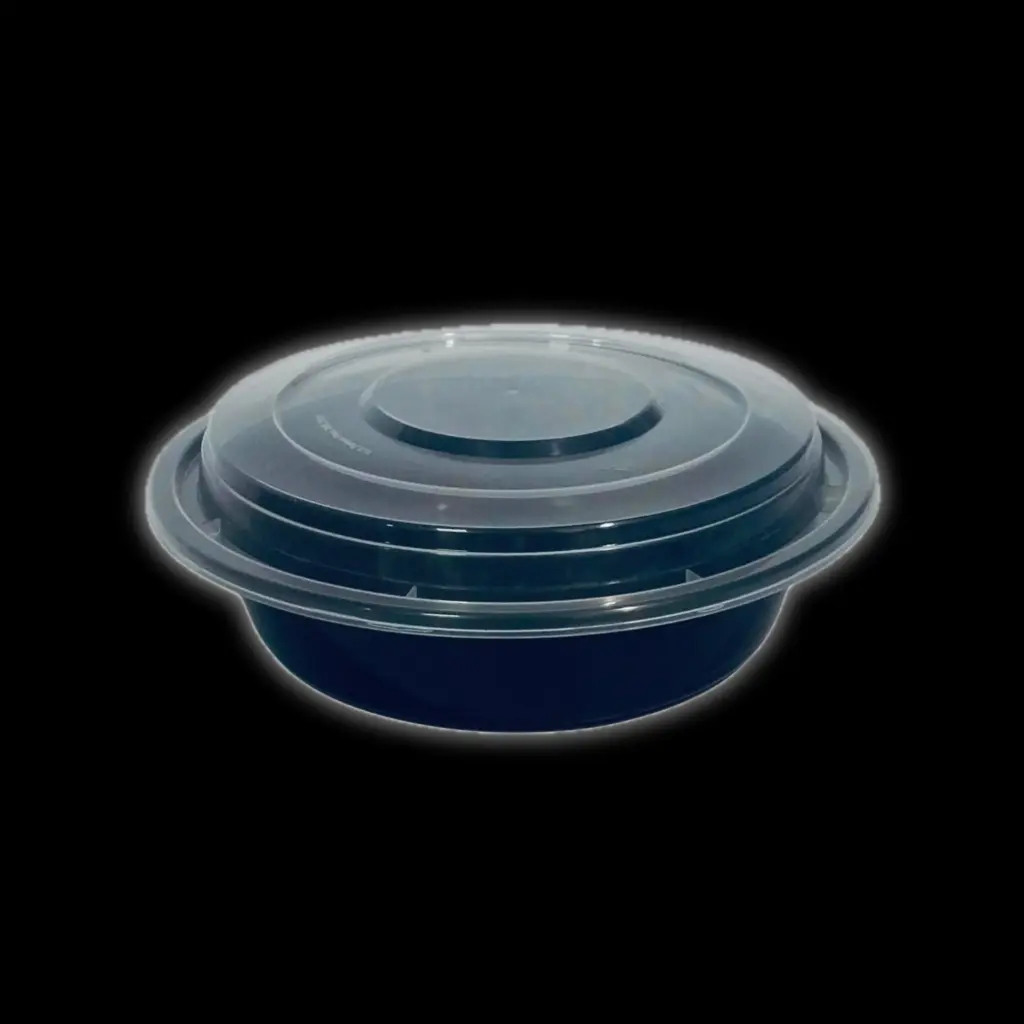 Black round plastic container 38oz 150/cs
