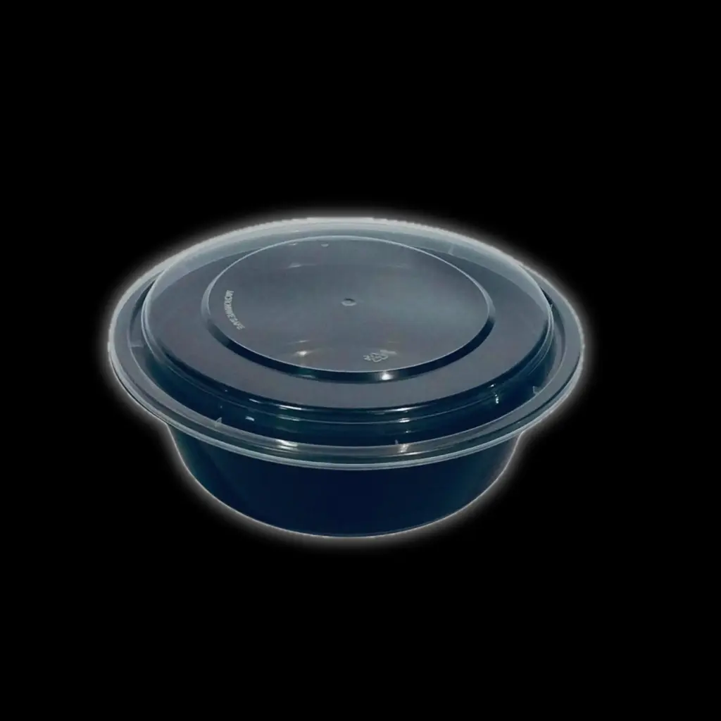 Black round plastic container 48oz 150/cs