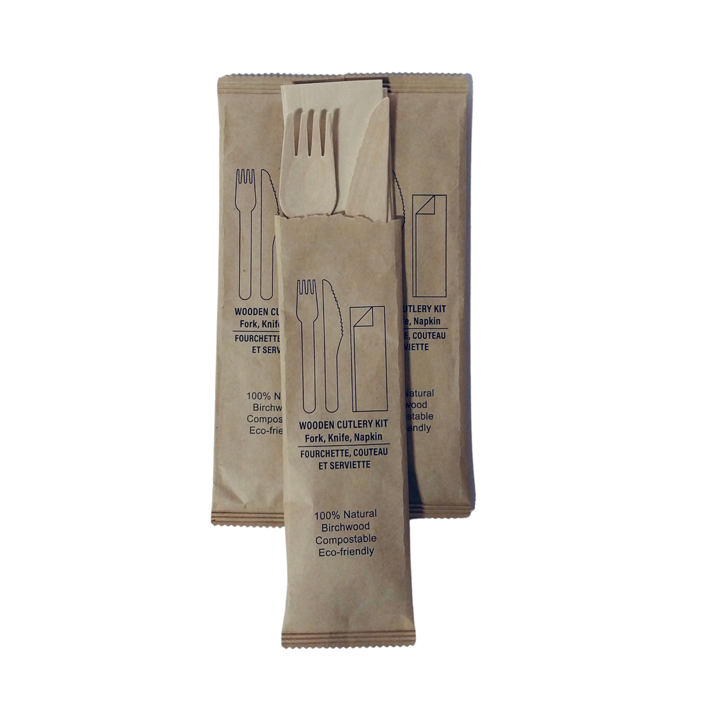 Wooden fork, knife, napkin 3-piece kit 250/cs