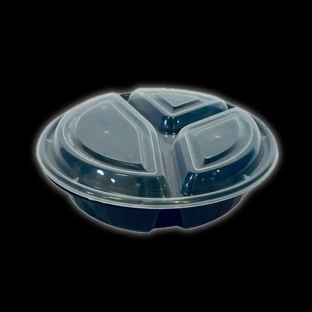 Black round container 3-compartment 48oz 150/cs