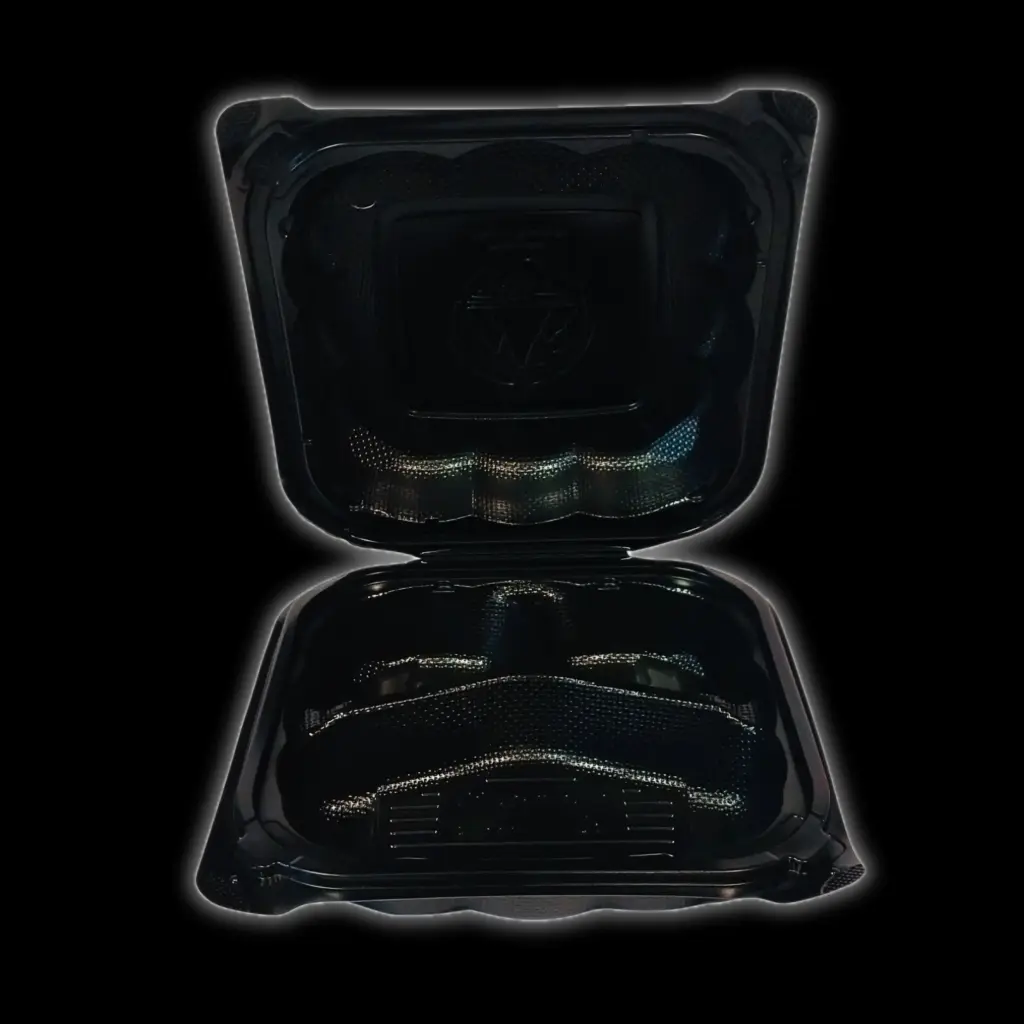 Black plastic clamshell 3-compartment 8"x8" 180/cs