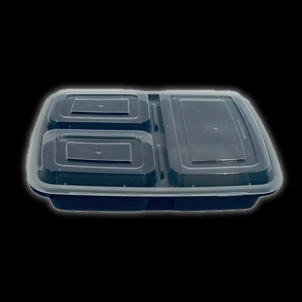 Black rectangle plastic 3-compartment container 39oz 150/cs