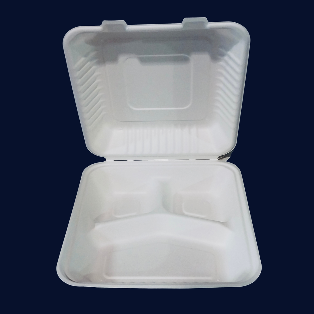 Bagasse clamshell 3-compartment 8"x8"x3" 200/cs 