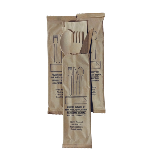 [45142] Wooden fork, knife, spoon, napkin kit 6-piece 250/cs