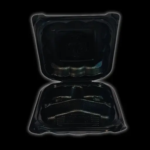 [22302] Black plastic clamshell 3-compartment 8"x8" 180/cs