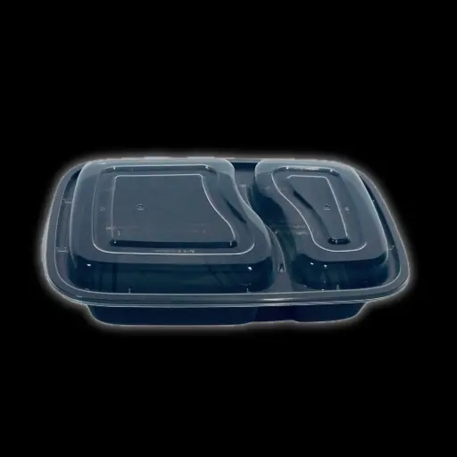 [21425] Black rectangle plastic 2-compartment container 32oz 150/cs