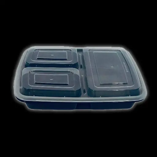 [21434] Black rectangle plastic 3-compartment container 30oz 150/cs
